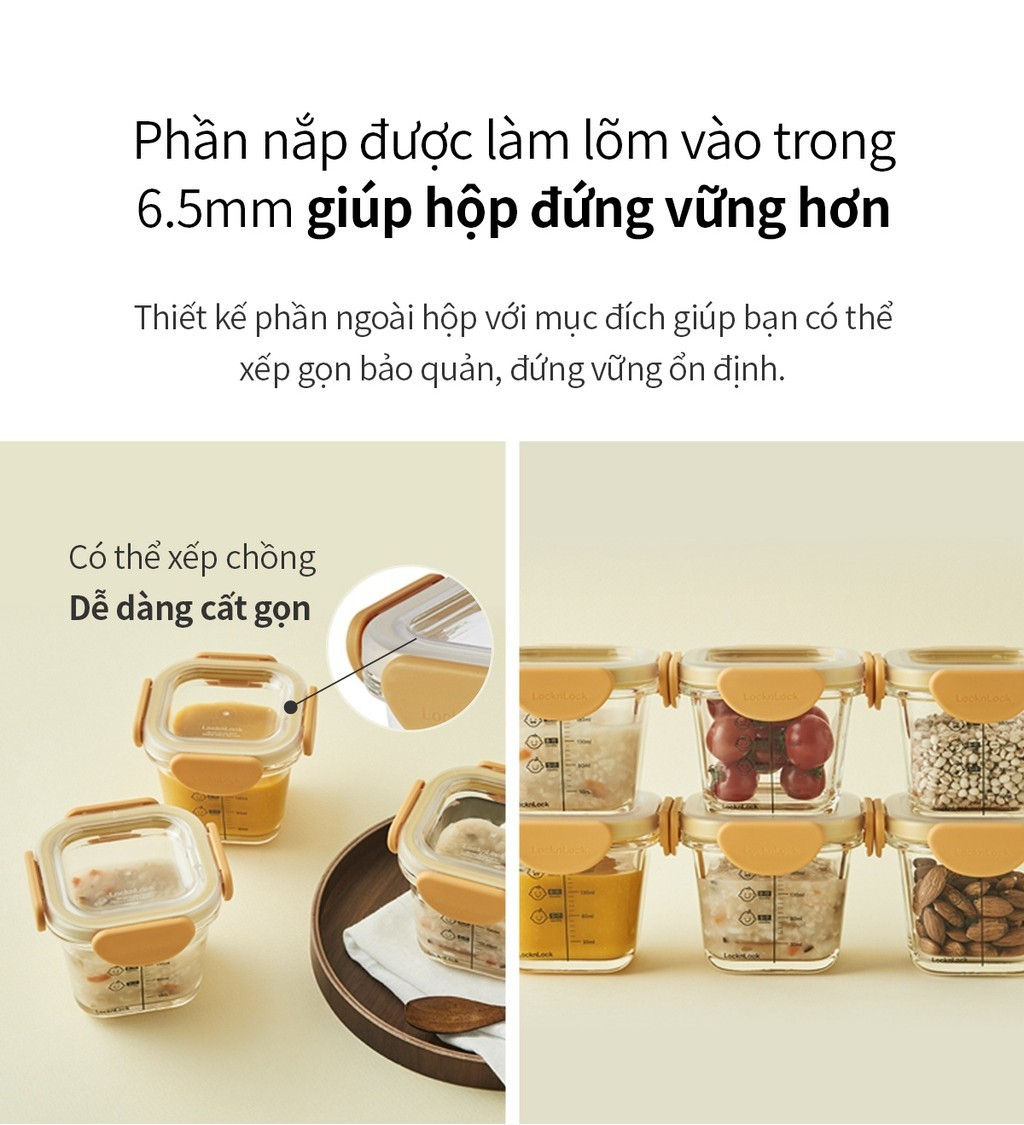 Bộ 3 hộp thủy tinh đựng thức ăn dặm cho bé Lock&amp;Lock 230ml x 3 hộp LLG508S3 - Hàng chính hãng, có vạch chia - JoyMall
