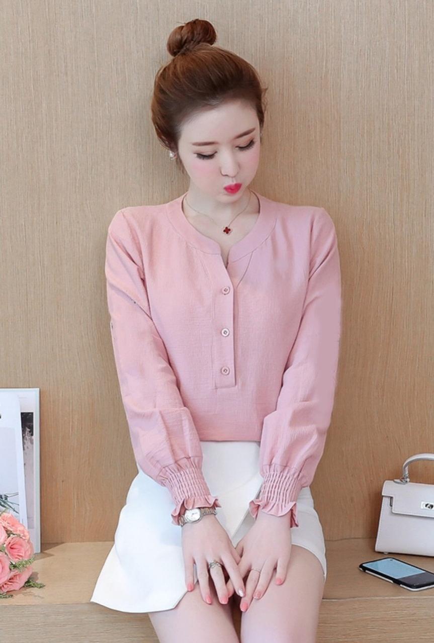 Áo Sơ Mi Công Sở Nữ Cổ Trụ Tay Nhún Bèo - SM954