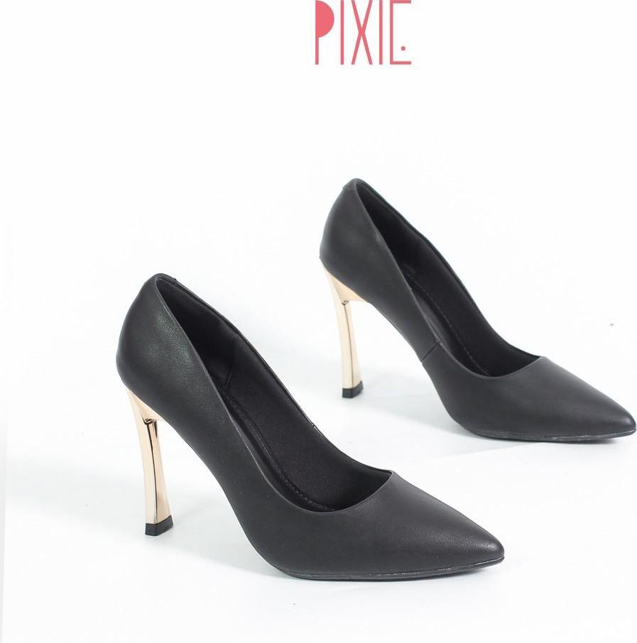 Giày Cao Gót 9cm Gót Vàng Mảnh Màu Đen Pixie X463