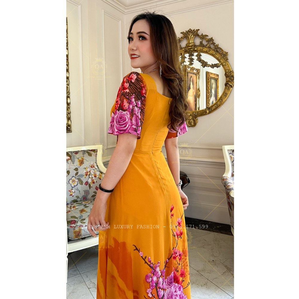 Đầm Xoè Hoa 3D Vàng Cổ Vuông Dập Ly Tay Loe Voan Cao Cấp Sandra Dress