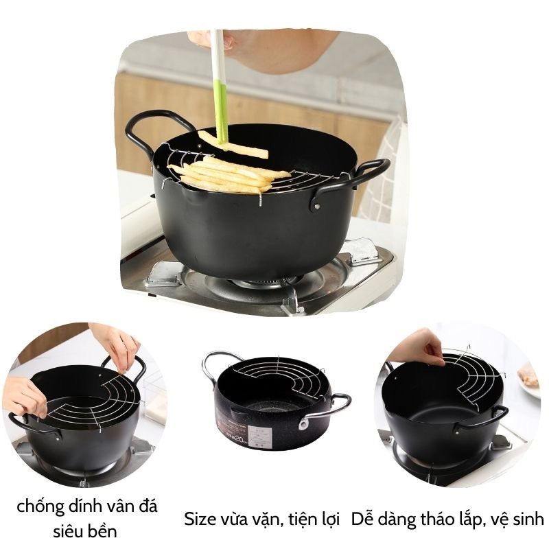 Nồi chiên/rán ngập dầu chống dính kèm khay ráo dầu có tay cầm 20cm Nhật Bản, sử dụng được trên mọi loại bếp từ, gas, hồng ngoại, Hàng chính hãng Model EmooJooKittchen