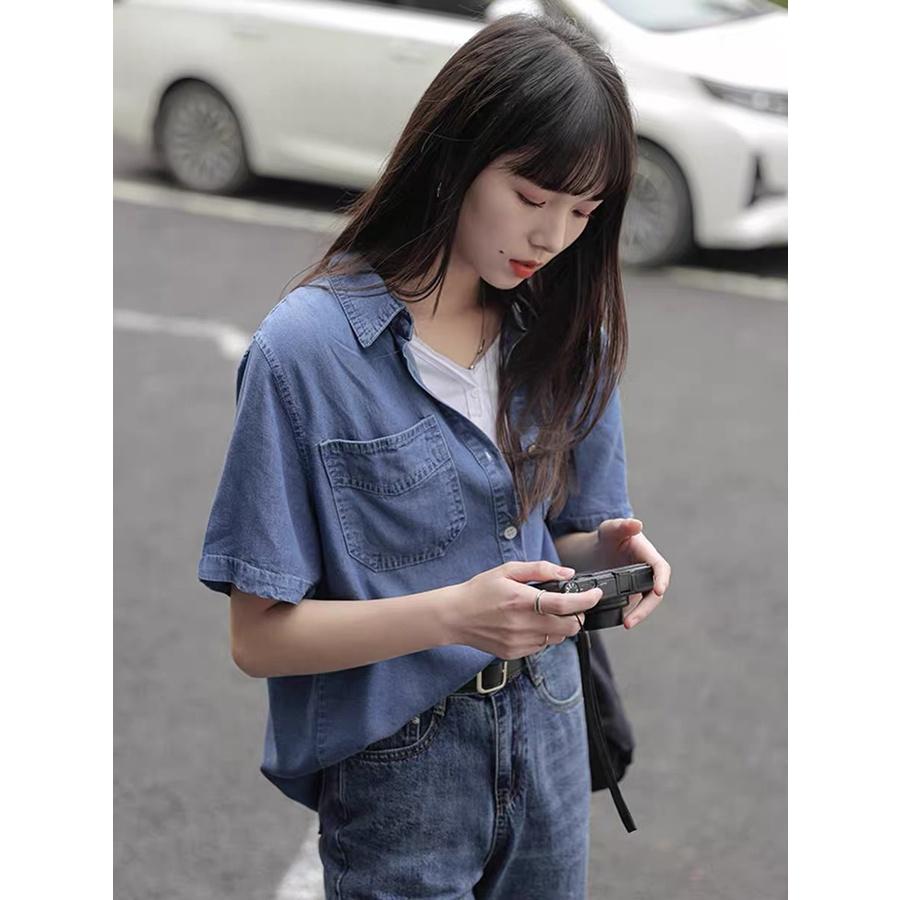 MS683 Áo sơ mi jeans nữ cộc tay hai túi, áo bò túi ngực