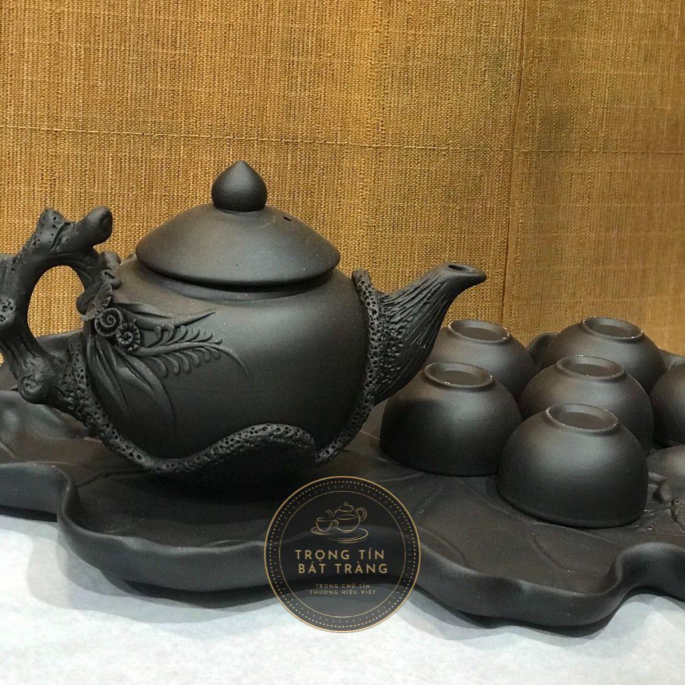 Bộ Ấm Chén Trà Đạo Gốm Tử Sa Bát Tràng Đắp Nổi Hoa Lan Dáng Thủy Bình Dung Tích 400ml ATSML 017