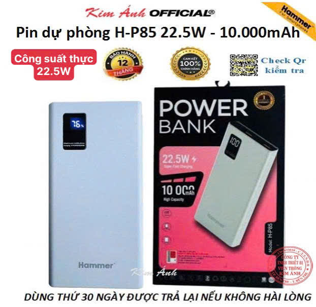 Sạc dự phòng Ham mer H-P85 22.5W - 10.000mAh, Kim Ánh cam kết hàng chính hãng bảo hành 12 tháng