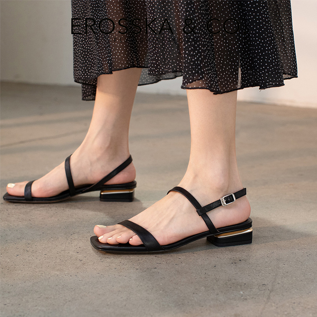 Giày sandal cao gót nữ xỏ ngón dây mảnh Erosska cao 2,5cm EB039