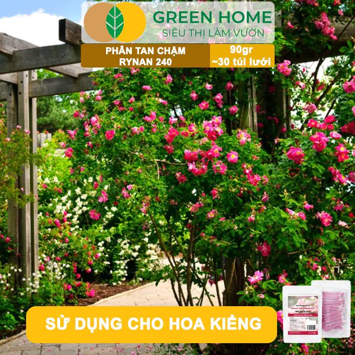 Phân Tan Chậm GreenHome, Rynan 240, Bao 90gr ~ 30 Túi Lưới 3gr, Dùng Cho Hoa Hồng Ra Hoa Đều Và Rực Rỡ