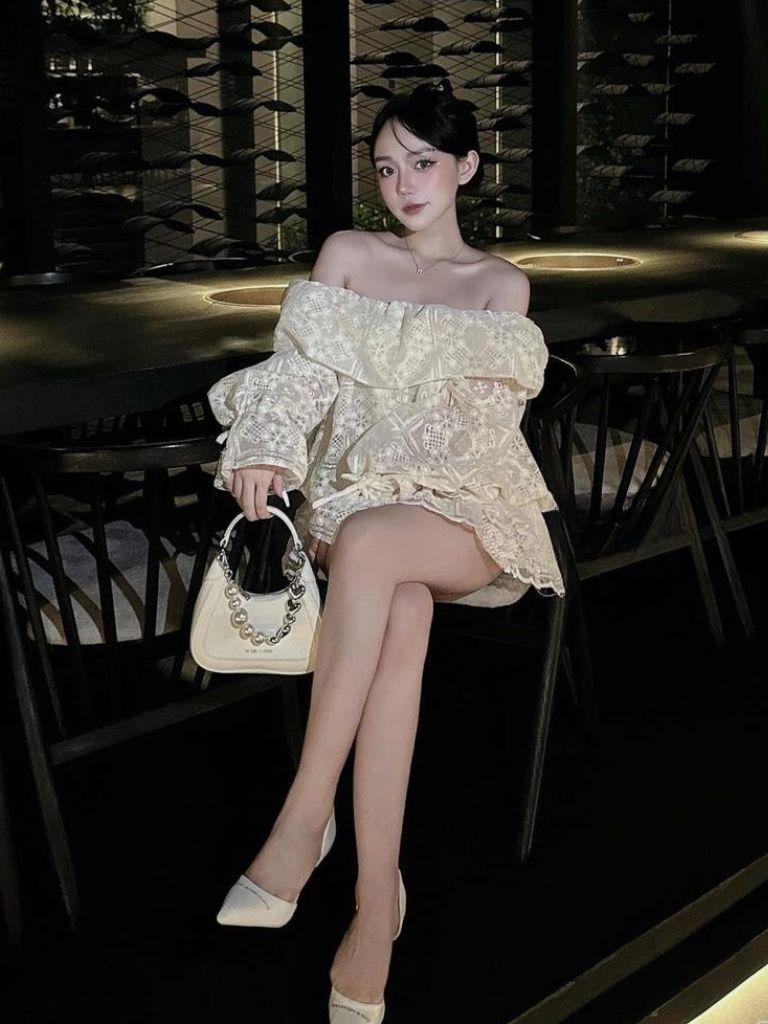 Set váy ren trễ vai thiết kế sang chảnh đầm nữ tay loe phối chân váy dự tiệc HN Clothing