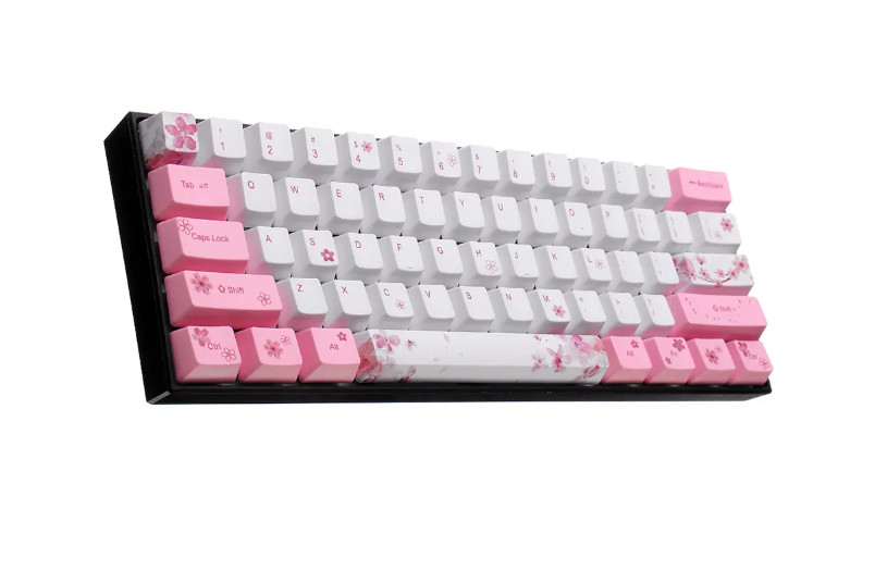 Bộ Keycap (mũ phím) PBT 61 phím – Chính hãng Royal Kludge. Hoạ tiết Sakura - Hoa anh đào. Công nghệ in Dye – sub, bền đẹp. Dành cho bàn phím cơ 61 phím. OEM Profile.