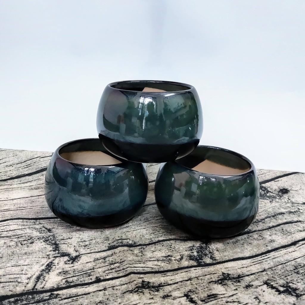 Chậu trồng cây men xanh đậm hỏa biến hình hạt dẻ S2, có đĩa hứng nước, trồng cây để bàn, cây phong thủy siêu đẹp và sang