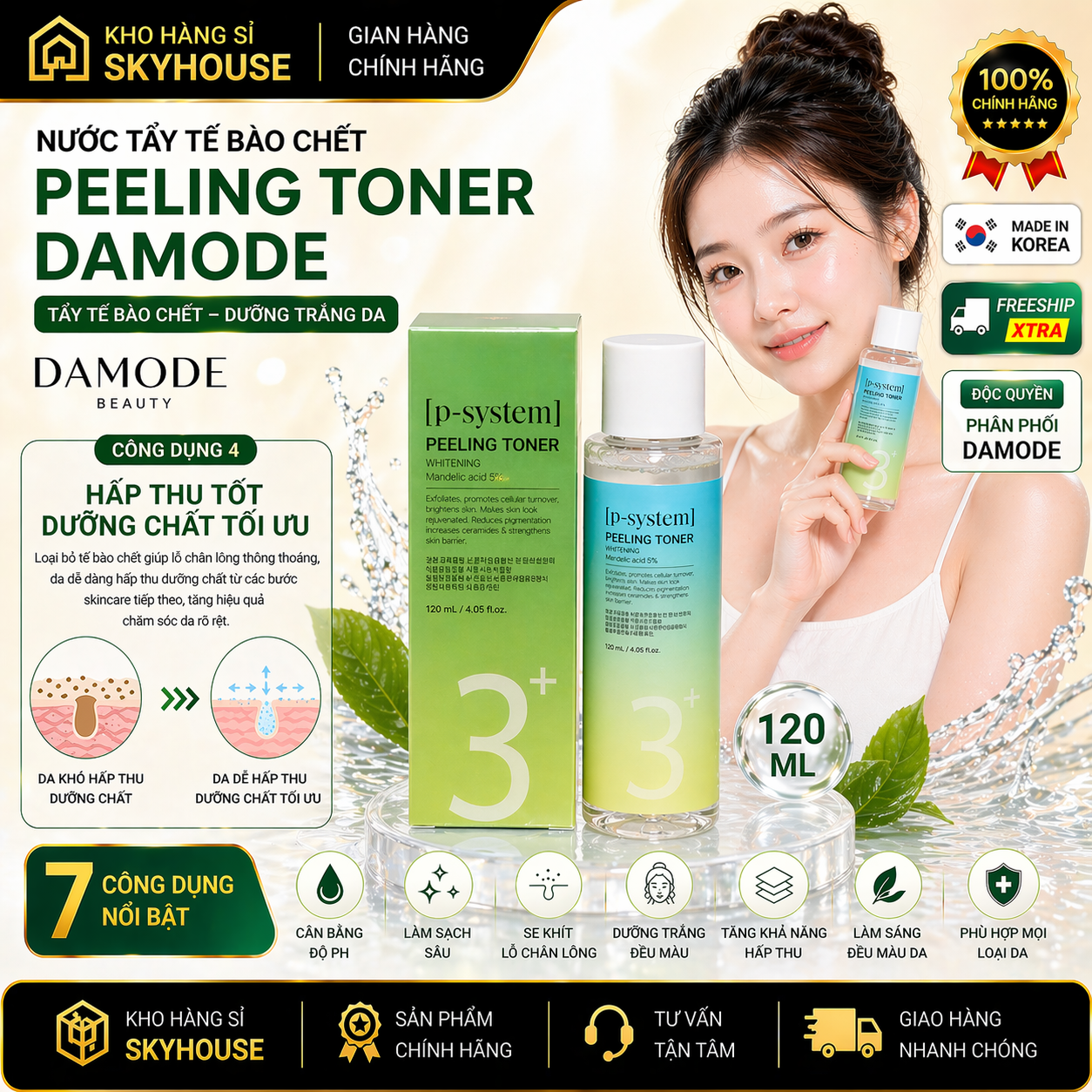 Nước tẩy da chết dịu nhẹ PEELING TONER DAMODE 120ml nước tẩy dưỡng trắng da chính hãng