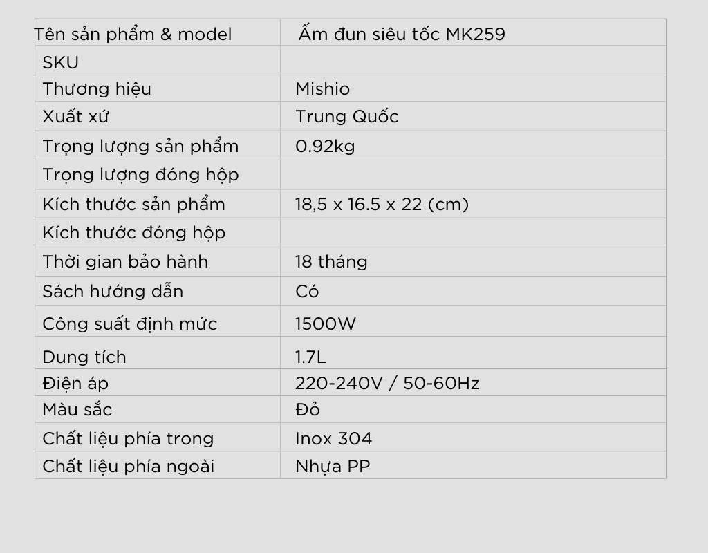 Ấm Đun Siêu Tốc Mishio MK259 1500W 1.7 Lít inox 304 - Hàng chính hãng