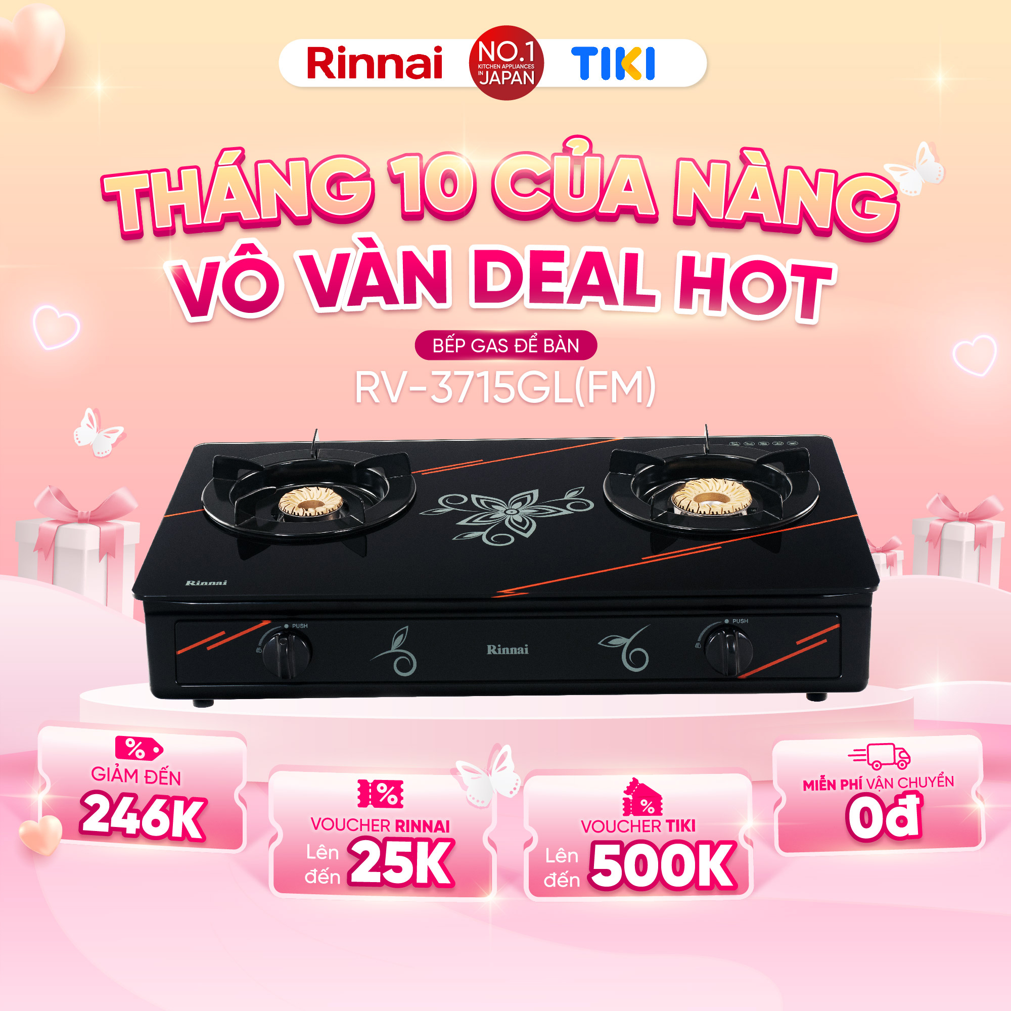 Bếp gas dương Rinnai RV-3715GL(FM) mặt bếp kính và kiềng bếp men - Hàng chính hãng.