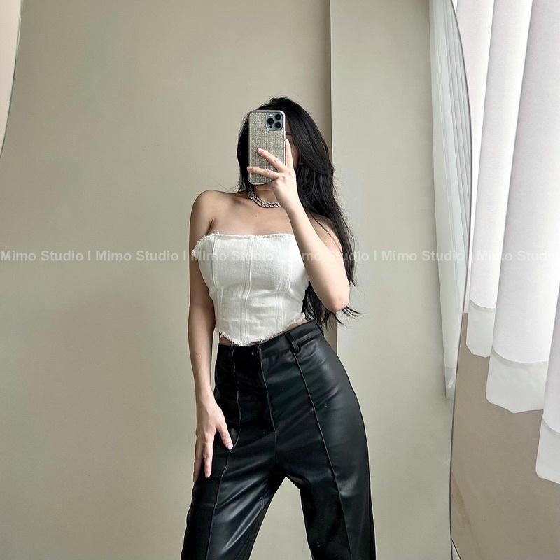Áo yếm jean trắng lưng buộc dây - Quần da dáng suông dài