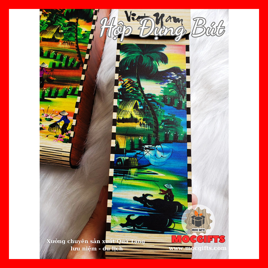 Hộp đựng bút viết gỗ đẹp mắt in 3D họa tiết cô gái, làng quê, phong cảnh Việt Nam quà tặng lưu niệm ý nghĩa - Hàng VNXK