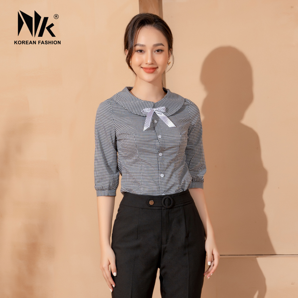 Áo Sơ Mi Nữ Công Sở Tay Lỡ NK Fashion NKSM2107007 Họa Tiết Kẻ Cổ Sen Phối Nơ, Chất Liệu Nhập Hàn Cao Cấp Mềm Mịn