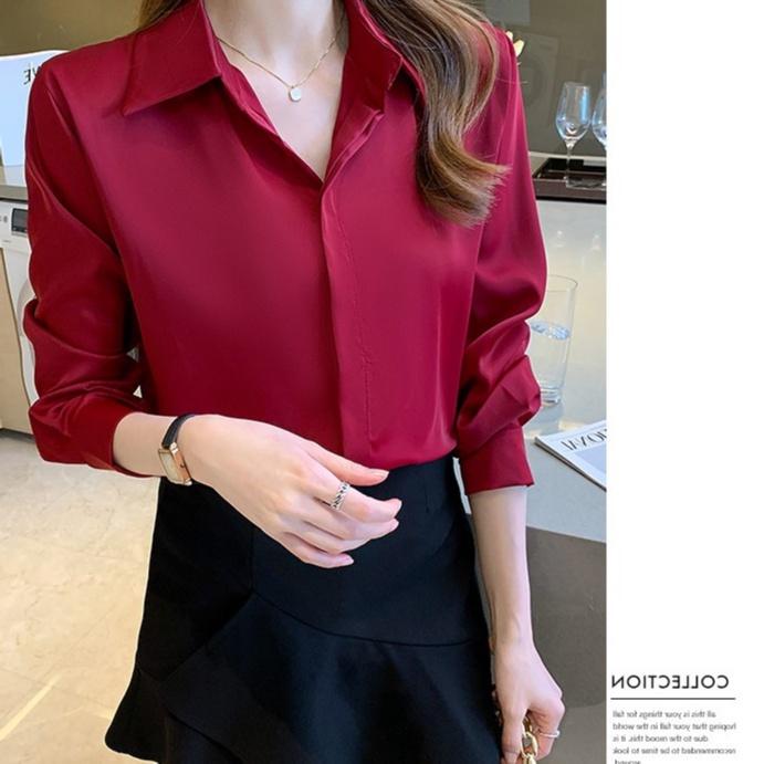 Áo Sơ Mi Nữ Công Sở Màu Đỏ Đô Cổ Đức CHIPY Kiểu Hàn Quốc Vintage Ulzzang Form Rộng Dài Tay Đẹp Chất Lụa Cao Cấp A2D