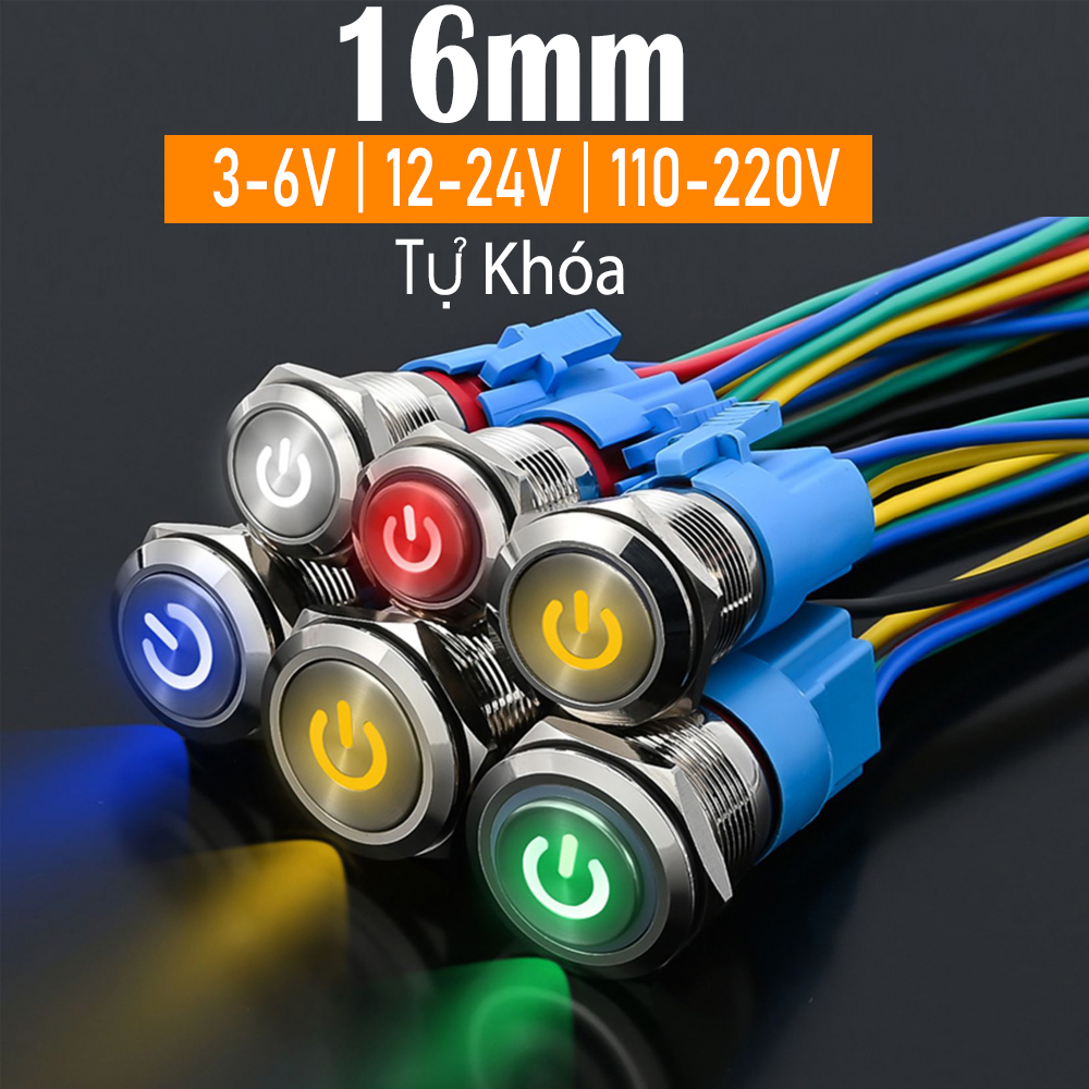 Nút Nguồn Inox Led, Công Tắc Nhấn Tự khóa 16mm Có biểu tượng Power