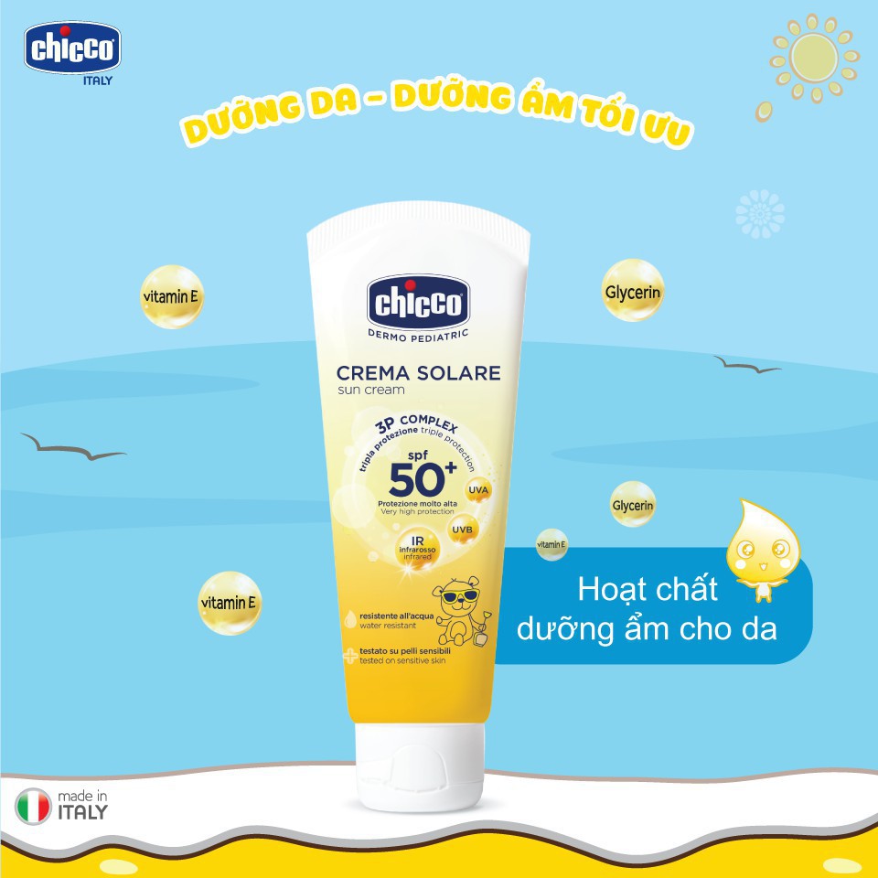 Kem chống nắng ba tác động SPF 50+ Chicco 75ml, giúp bảo vệ da, giữ ẩm và dưỡng da ( Tặng 1 gắp mắt dứa )