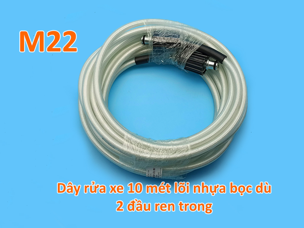 Dây rửa xe áp lực 16MPa 10m, lõi nhựa bọc dù trắng, hai đầu ren trong to M22