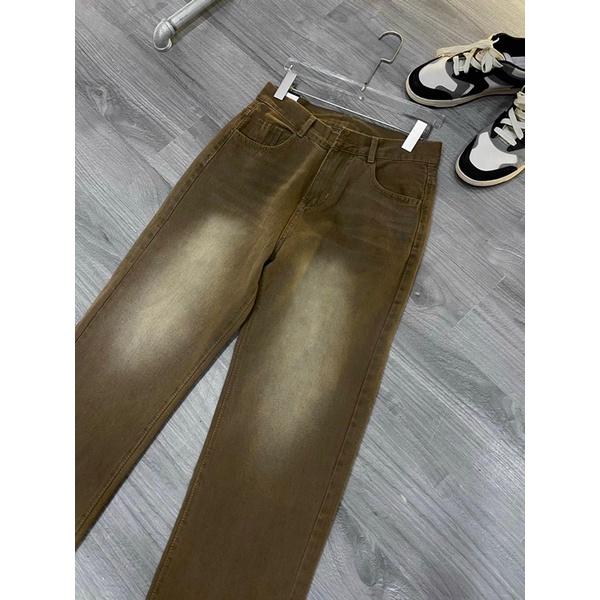 Quần jeans ống rộng jean nam nâu phối loang trắng