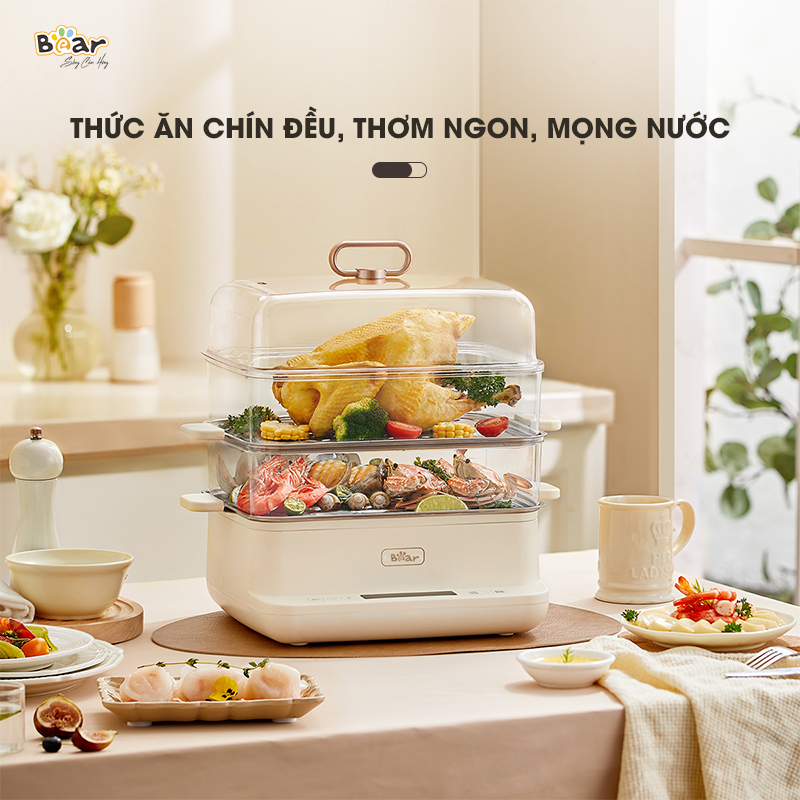 Nồi Hấp Điện 3 Tầng Bear 12L Đa Năng 6 Chế Độ Hấp Kháng Khuẩn 99,99% Không Gây Mùi An Toàn Cho Sức Khỏe SB-NH12L Hàng Chính Hãng