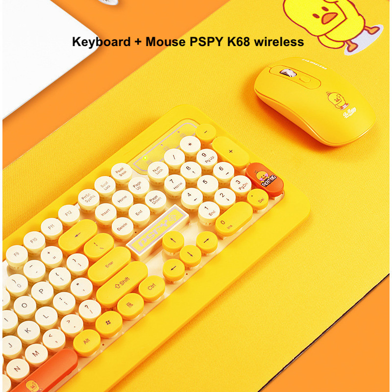 Combo Phím + Chuột PSPY K68 Cute không dây màu Vàng, Xanh, Đen, Keyboard Bluetooth văn phòng đẹp, chơi game chất lượng cao