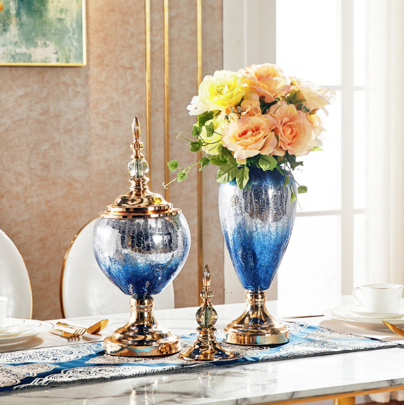 Bình hoa thủy tinh pha lê có nắp đậy đồ trang trí hiện đại LOREM BLUE