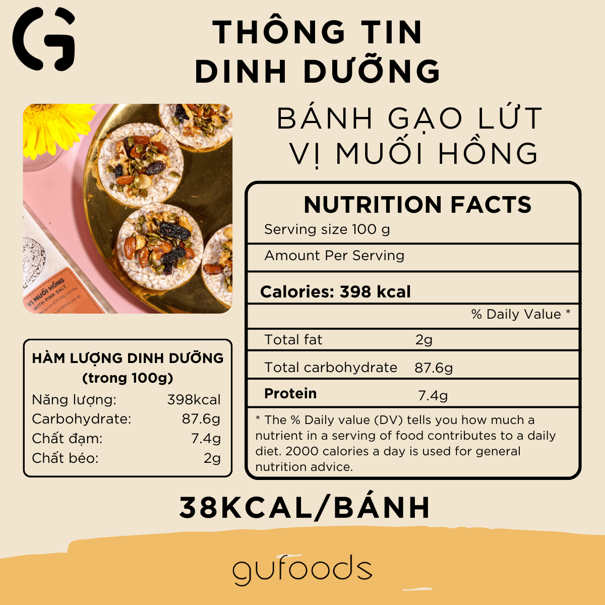 Bánh gạo lứt GUfoods vị Muối hồng -  Không chiên dầu, Không đường, Lành mạnh, Phù hợp Eat clean, Ăn vặt healthy, Thực dưỡng, Tập gym, Thuần chay