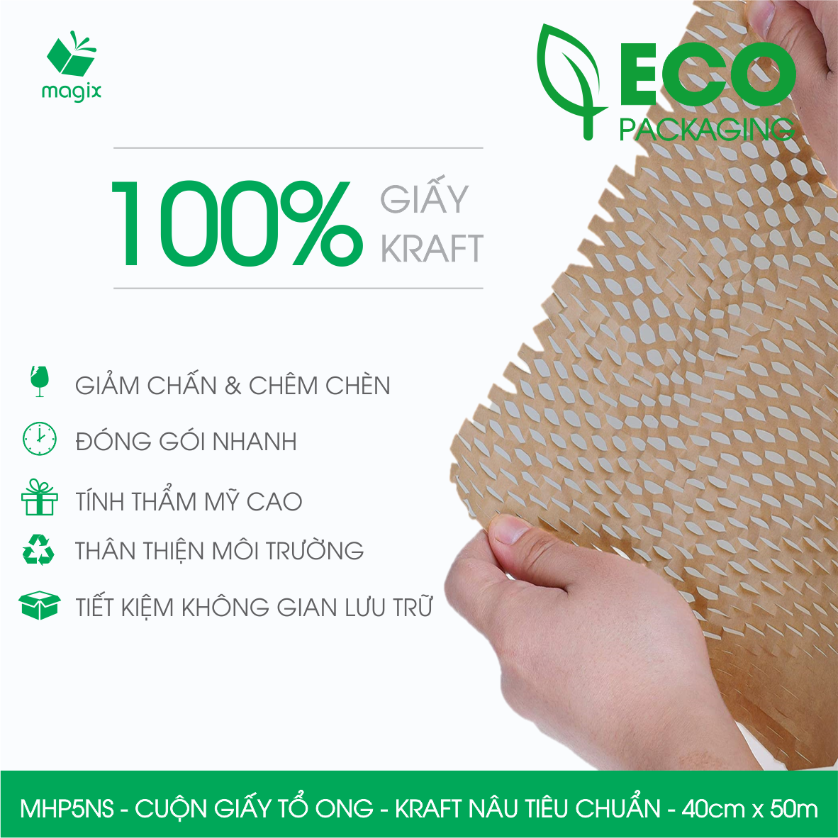 MHP5NS - 40cm x 50m - Cuộn giấy tổ ong chống sốc - Kraft nâu Tiêu Chuẩn - Giấy gói hàng, gói quà