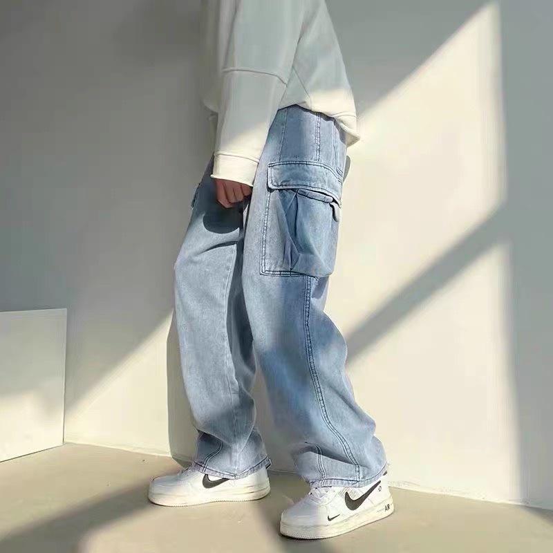 Quần baggy Jean ống suông form nam nữ unisex TÚI HỘP màu XANH Nam nữ unisex Quần baggy ống rộng