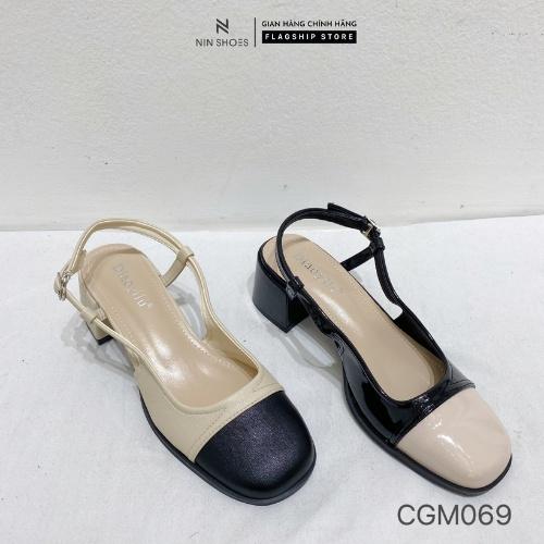 Giày cao gót Ninshoes - Cao gót Mary jane 3P đé vuông mũi tròn viền dưới pha 2 màu quai ngang cài