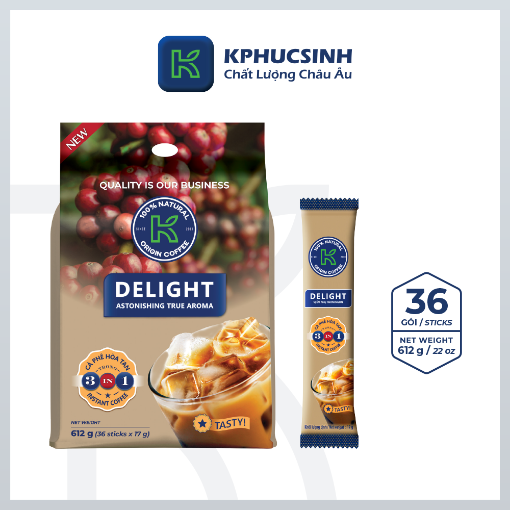 Cà phê hòa tan K Coffee 3 in 1 Delight đậm đà vị cà phê sữa đá 612g (Túi 36 gói x 17g)