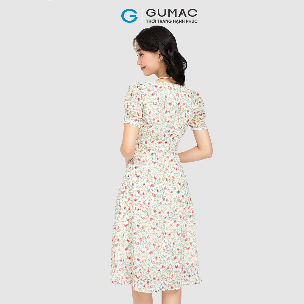 Đầm hoa form A GUMAC DC08096 viền ren dáng cổ vuông