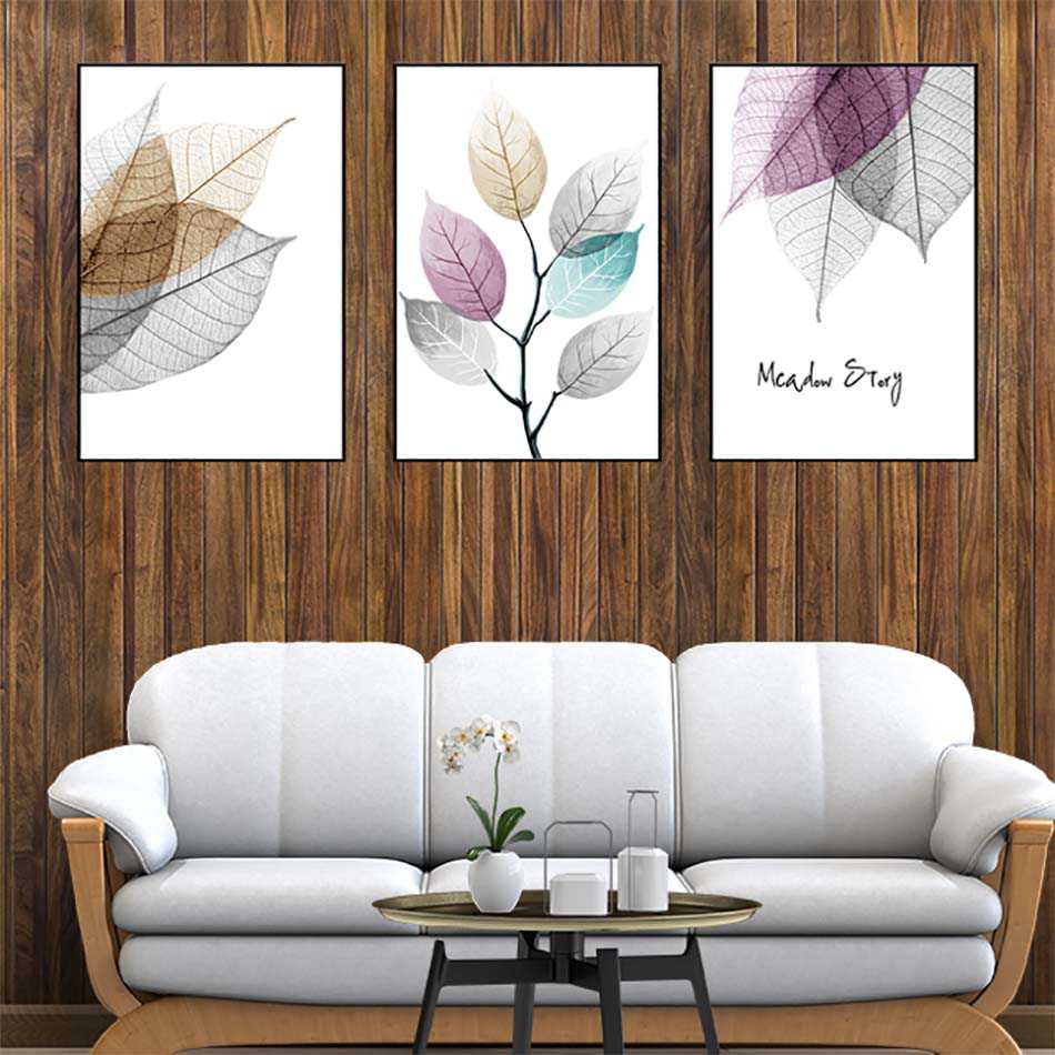 Bộ 3 tranh  canvas treo tường Decor Họa tiết lá cây mùa thu thay sắc - DC208