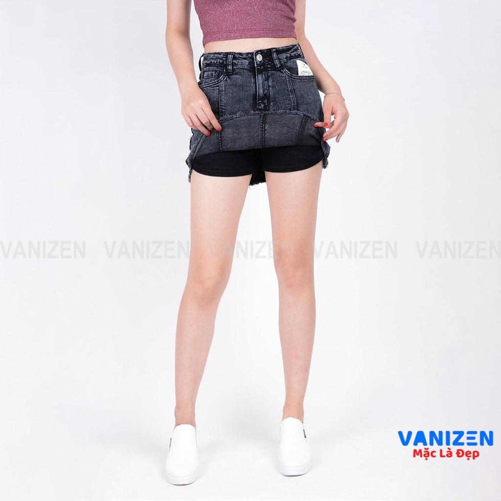 Chân váy jean nữ có quần bên trong đẹp lưng cao cạp cao trơn gân gấu tua rua xám khói hàng cao cấp mã 433 VANIZEN