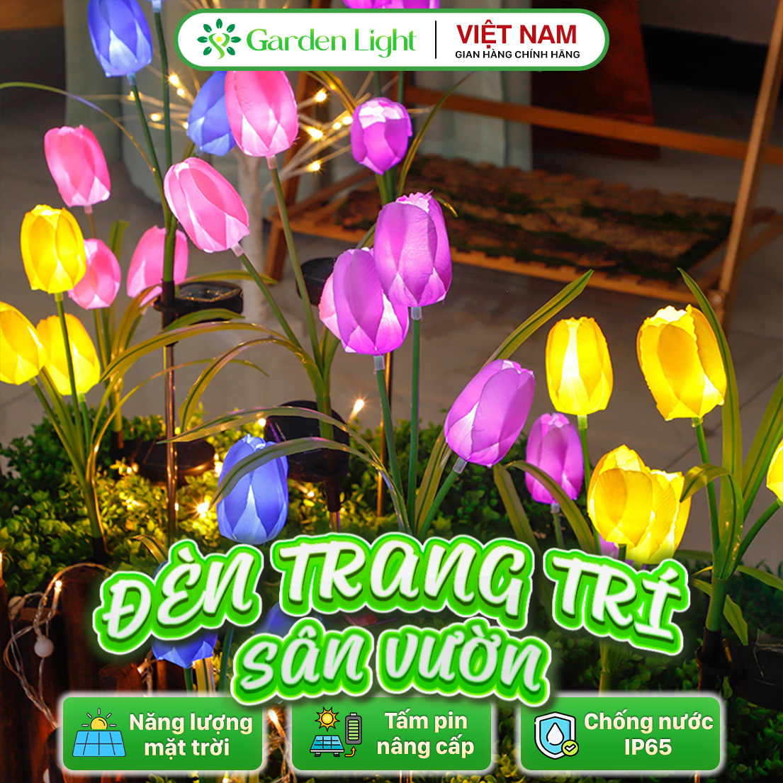 Đèn Trang Trí Năng Lượng Mặt Trời Hoa Tulip, Nhiều Màu Hồng - Xanh - Vàng, Trang Trí Quán Cafe, Quán Ăn - DA3002