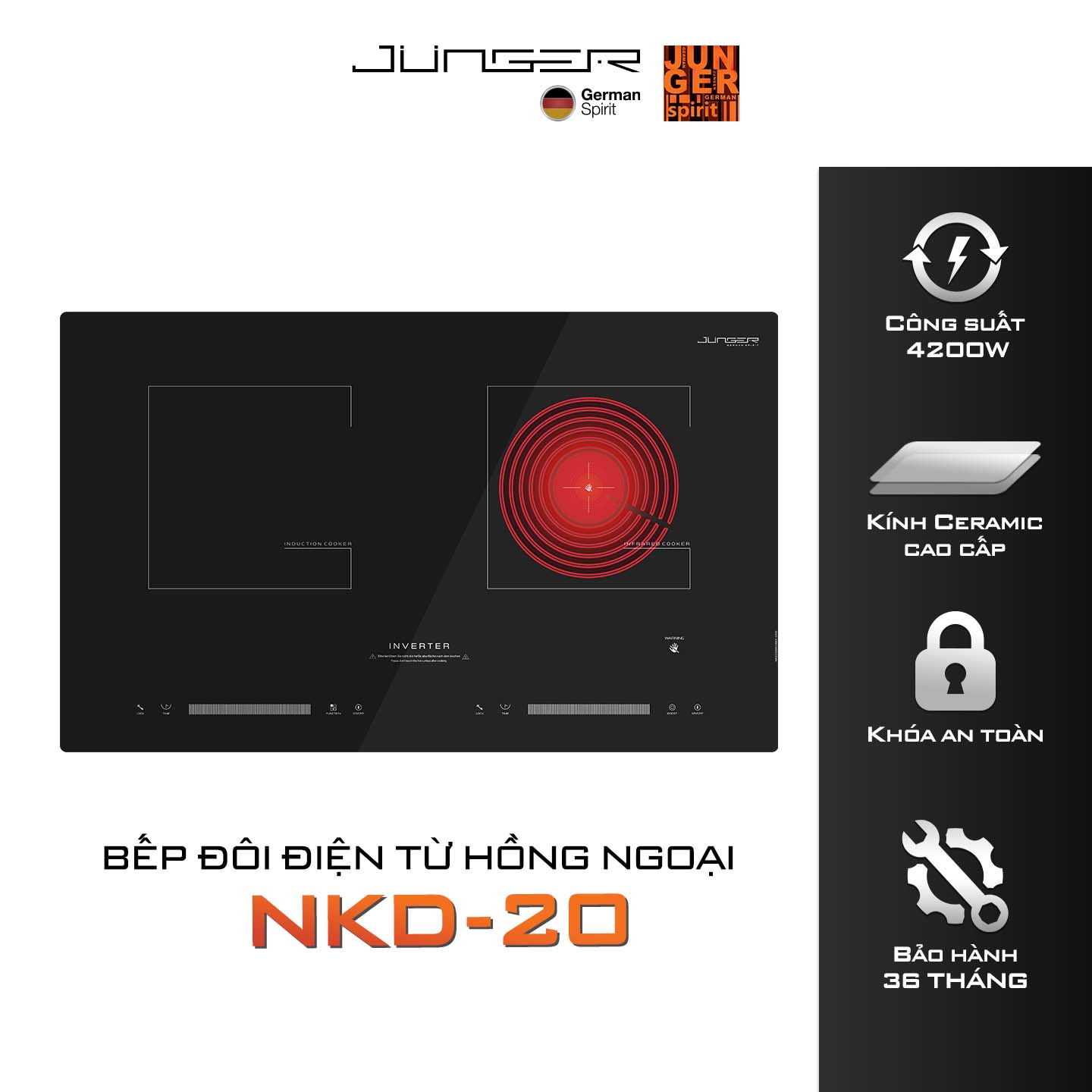 Bếp đôi điện từ hồng ngoại Junger NKD-20 4200W Không kén nồi Hàng Chính Hãng Bảo Hành 36 Tháng