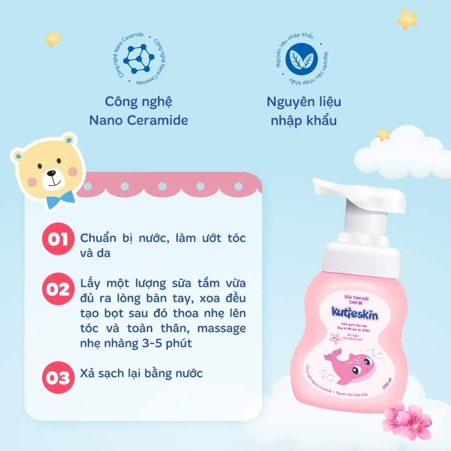 Sữa tắm gội cho bé Kutieskin 200ml làm sạch da và tóc bé nhẹ nhàng,dưỡng ẩm vượt trội, hỗ trợ làm dịu da