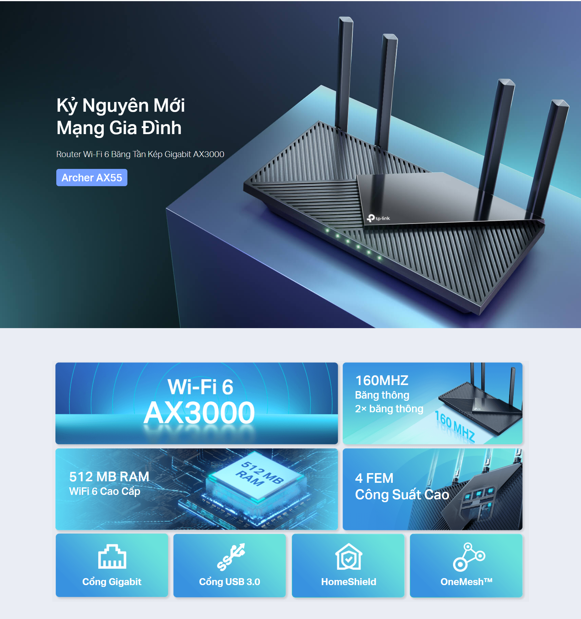 Bộ Phát Wifi TP-Link Archer AX55 Chuẩn Wi-Fi 6 AX3000 - Hàng Chính Hãng