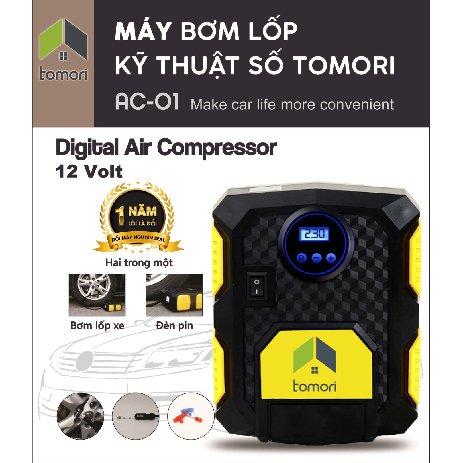 MÁY BƠM LỐP Ô TÔ TỰ NGẮT TOMORI 12V AC-01
