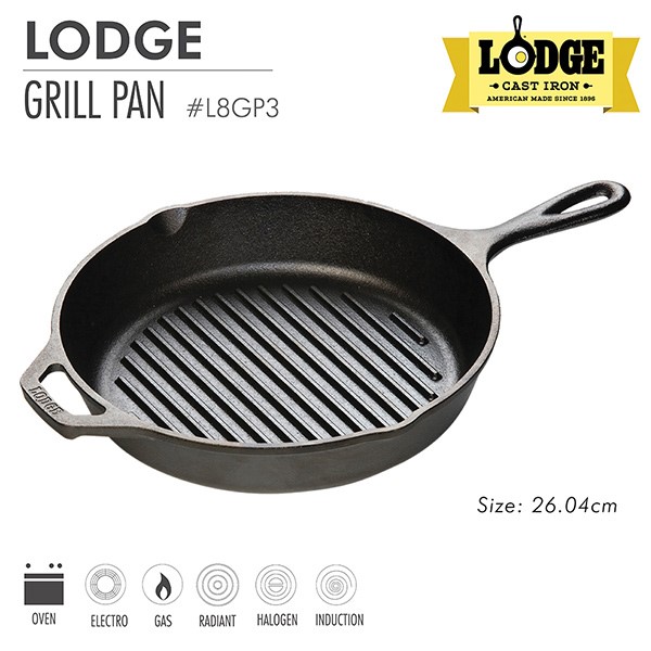 [Chính hãng LOGDE - MỸ] Chảo gang nướng Lodge tay cầm có rãnh lưới đáy chảo, tròn 26cm - L8GP3. Chảo dùng nướng, chiên, xào, áp chảo