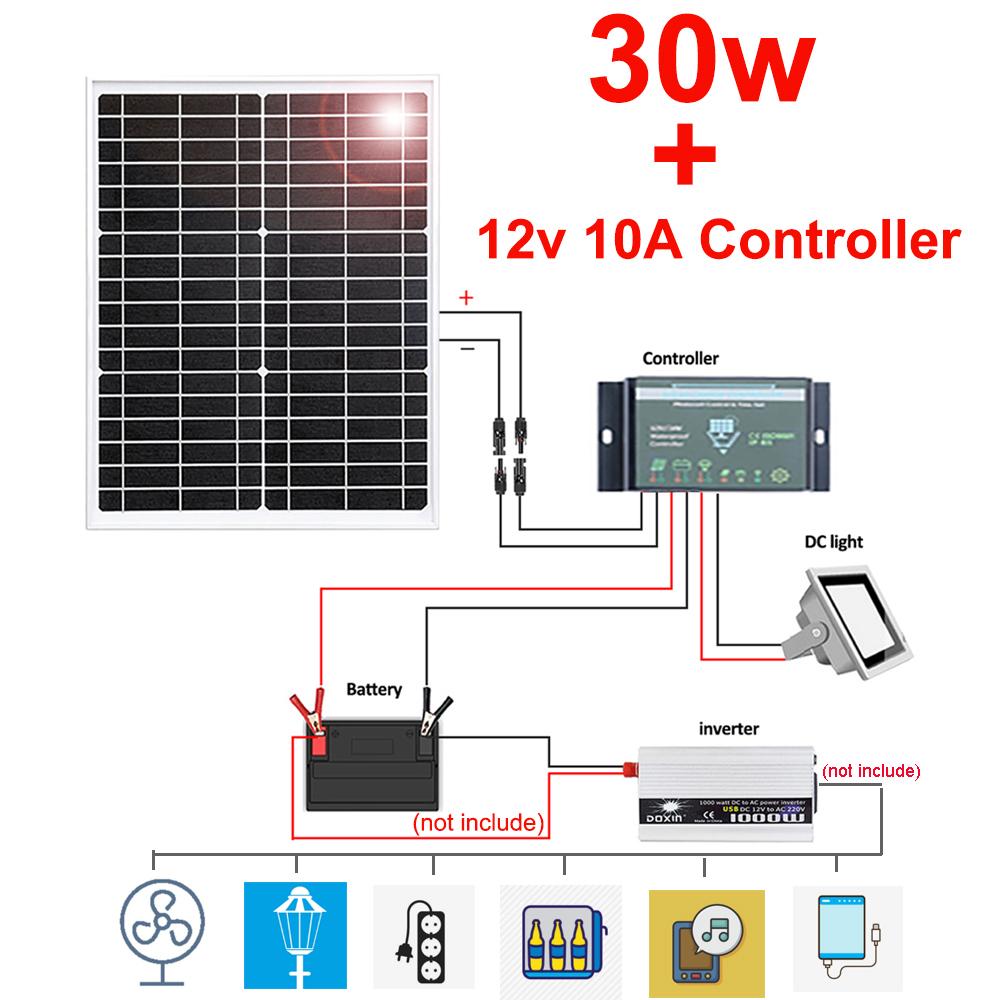 Bảng điều khiển năng lượng mặt trời 400w 200w 300w 150w 80w Bộ sạc pin 12v hệ thống pin mặt trời đơn tinh thể bằng kính cứng cho cắm trại trên thuyền ô tô tại nhà Màu sắc: 10w 12v 10A