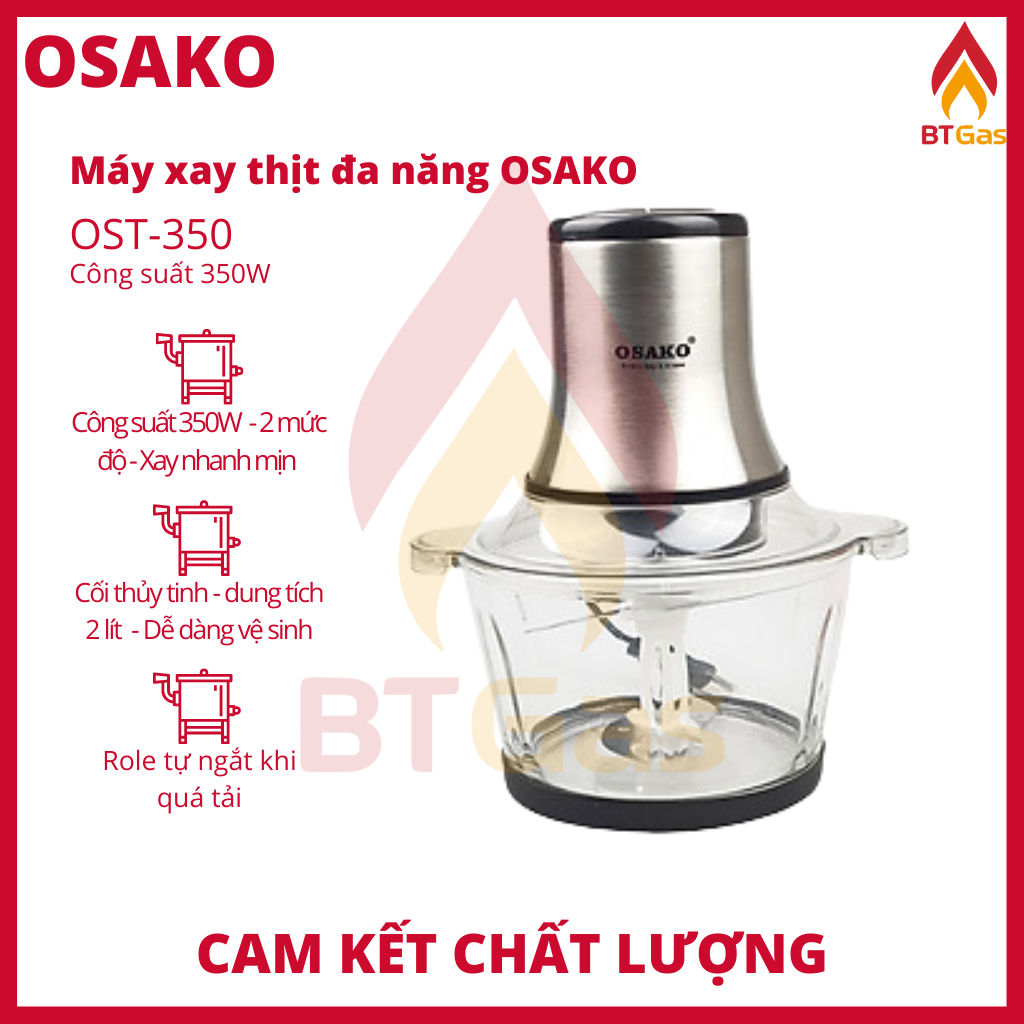 Máy xay thịt cối thủy tinh, dao inox, máy xay đa năng công suất 350W OSAKO OST-350 - Hàng chính hãng