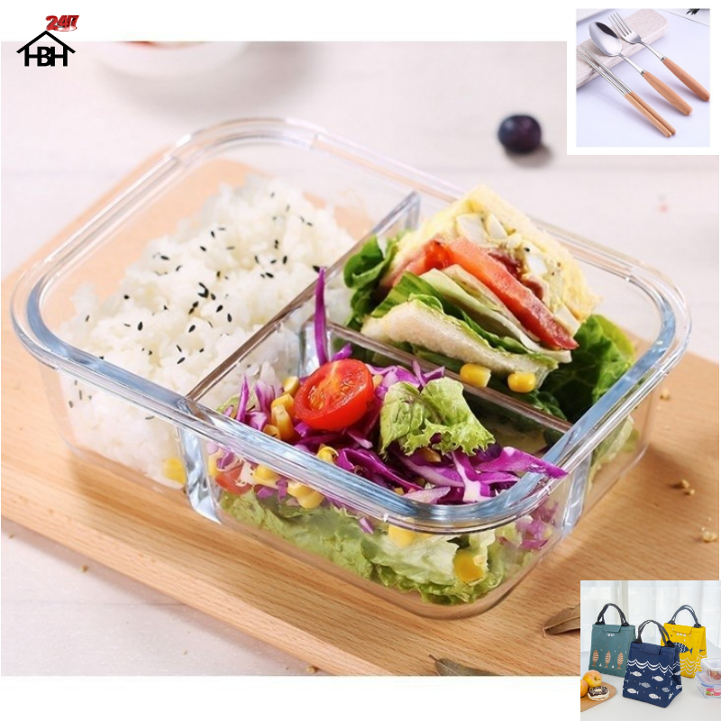 Hộp Cơm Thủy Tinh 3 Ngăn 1050 ml + Túi Cá + Hộp Đũa Thìa Cán gỗ cực kì tiện lợi
