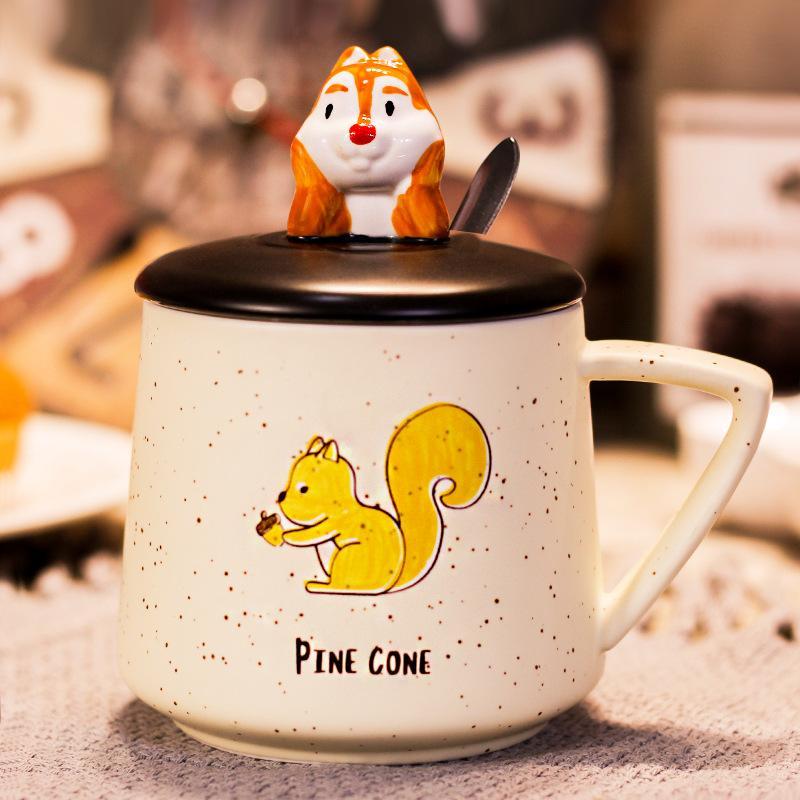 Cốc Uống Cafe Chú Sóc Dễ Thương 3D Vẽ Tay - Ly Uống Nước Có Nắp Và Thìa 400ml
