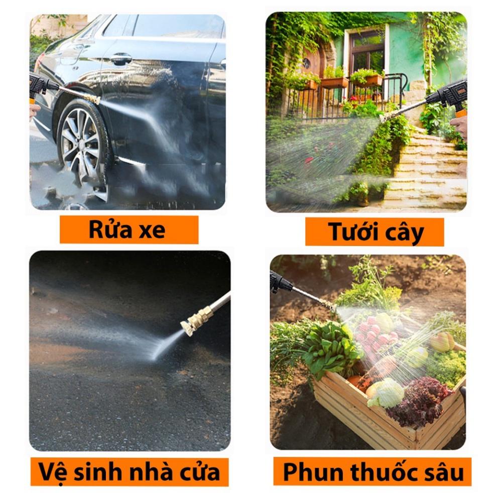 Máy rửa xe dùng pin - Tiện dụng, áp suất cao, pin 199V - Tặng dây dài 5m và bình tạo bọt