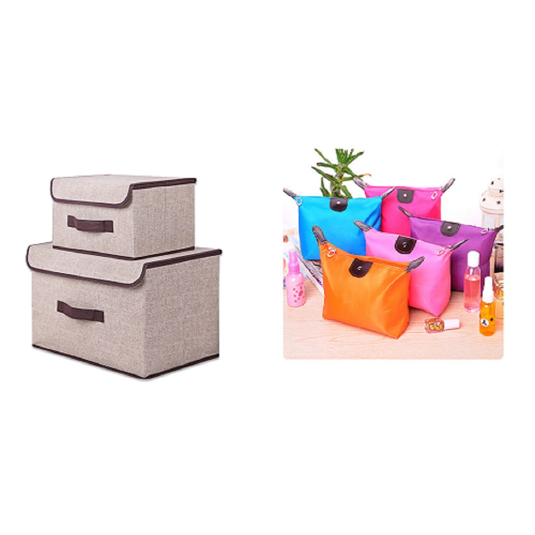 Bộ 2 hộp vải đựng đồ đa năng gấp gọn, giao màu ngẫu nhiên- Tặng kèm túi đựng mỹ phẩm
