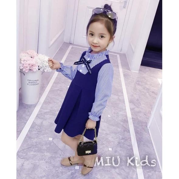 Váy liền, váy cho bé gái giả 2 lớp dài tay họa tiết kẻ sọc phong cách Hàn Quốc