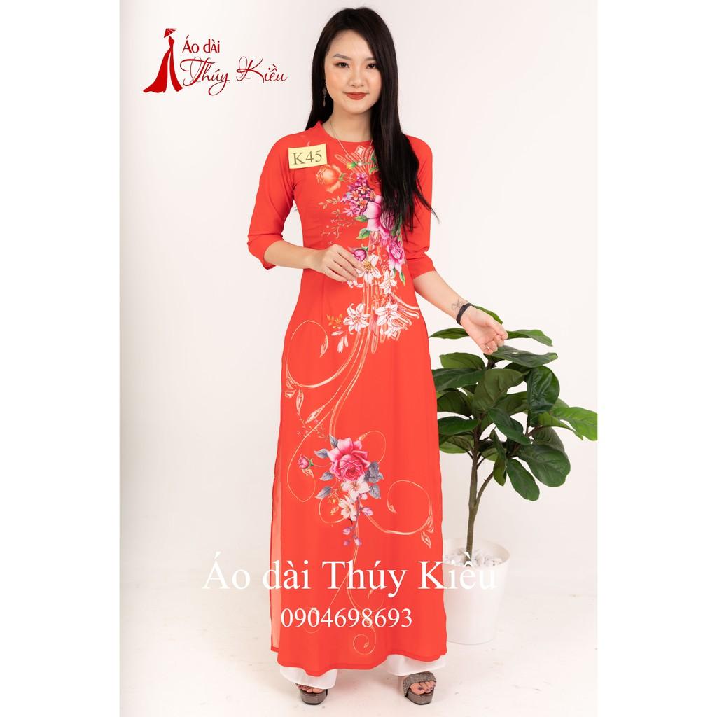 Áo dài Thúy Kiều in 3D lụa Nhật đỏ hoa hồng dây K45