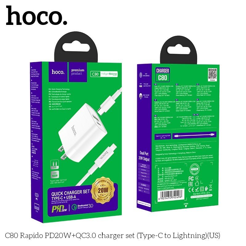 Bộ Sạc Nhanh Dành Cho Hoco. C80 PD20W QC3.0 2 Cổng Type-C + USB-A Kèm Cáp Type-C To IP Dây Dài 1m HÀng Chính Hãng